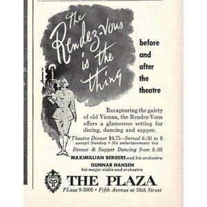 The Plaza Hotel Maximilian Bergere Orchestra Hansen 1950s Vintage Print Ad